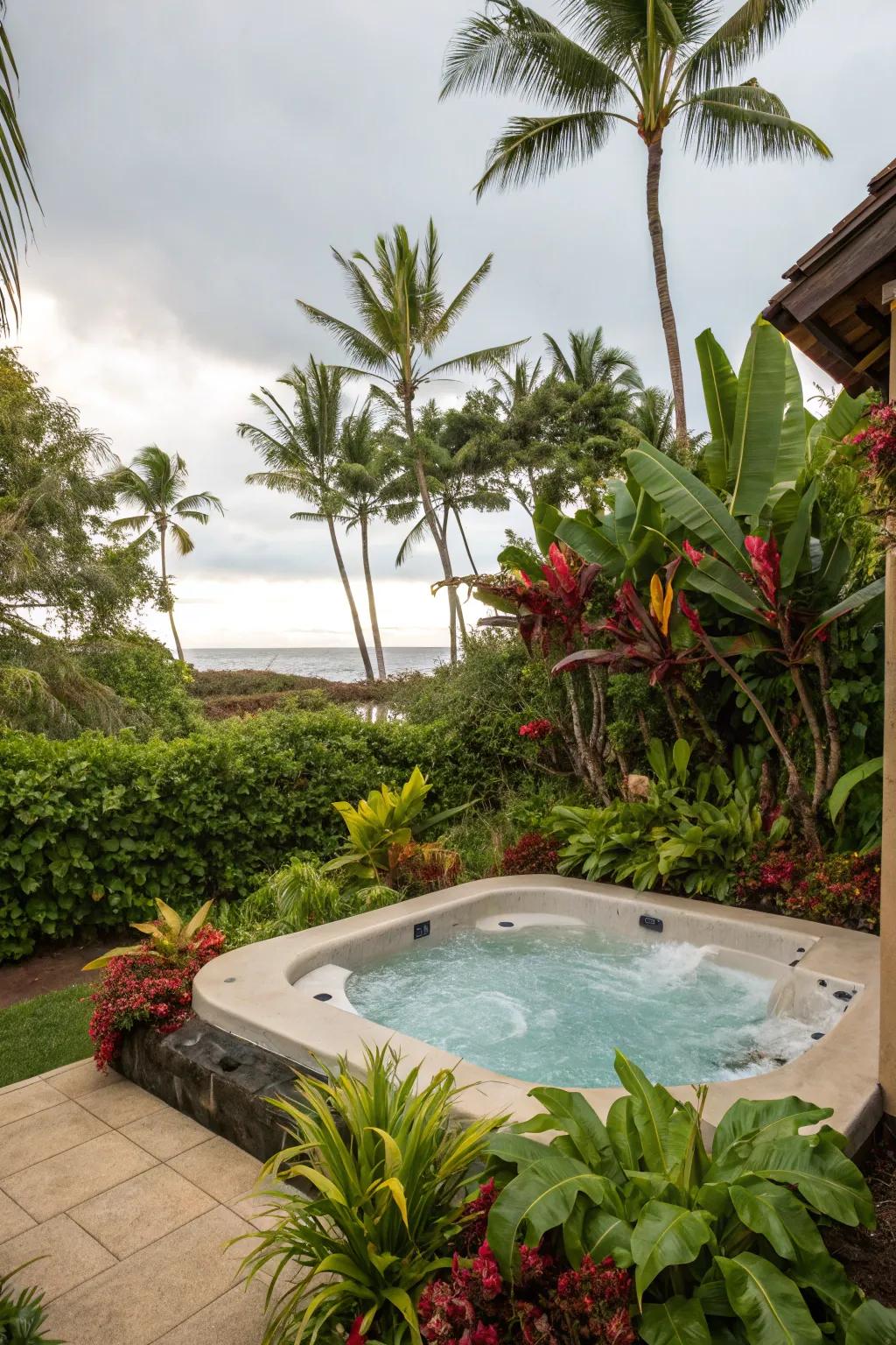 Tropical plants create an exotic spa retreat.