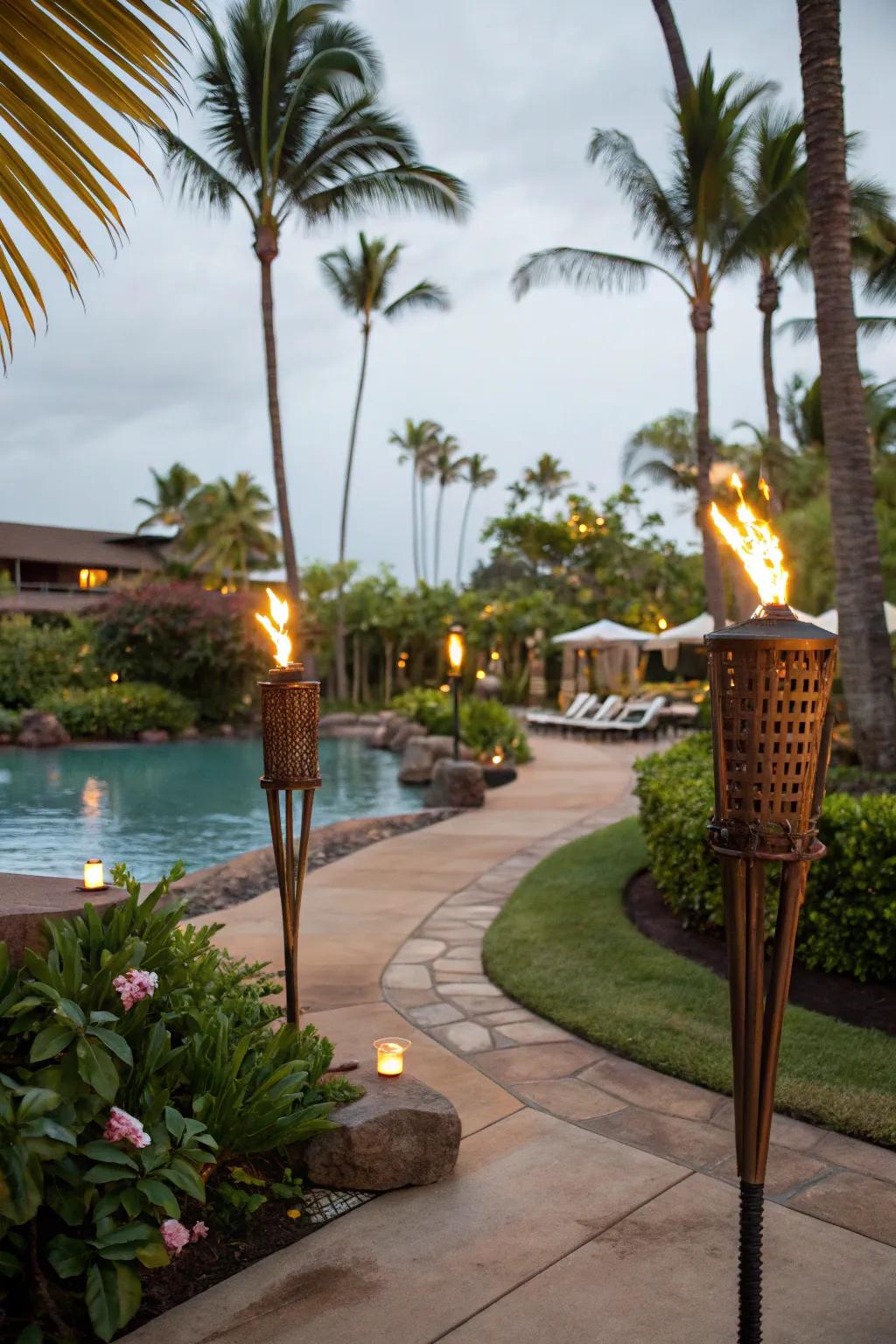 Tiki torches add a tropical touch to your spa area.