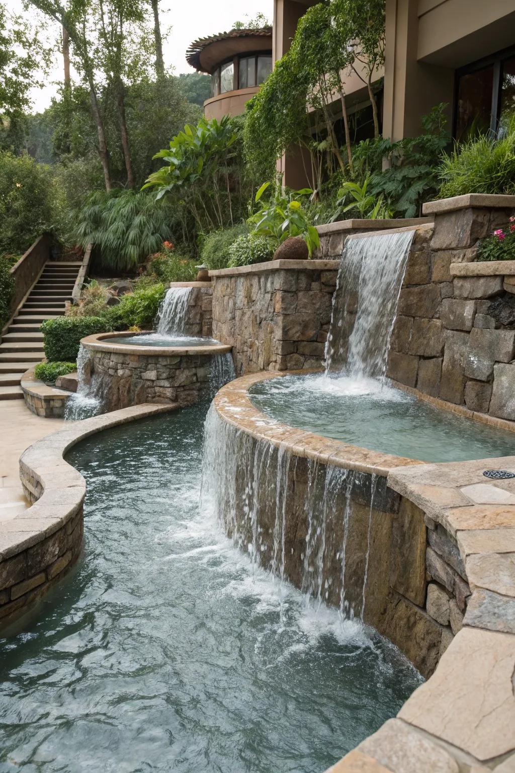 Multi-level designs add dimension and dynamic movement to your spa spillover.