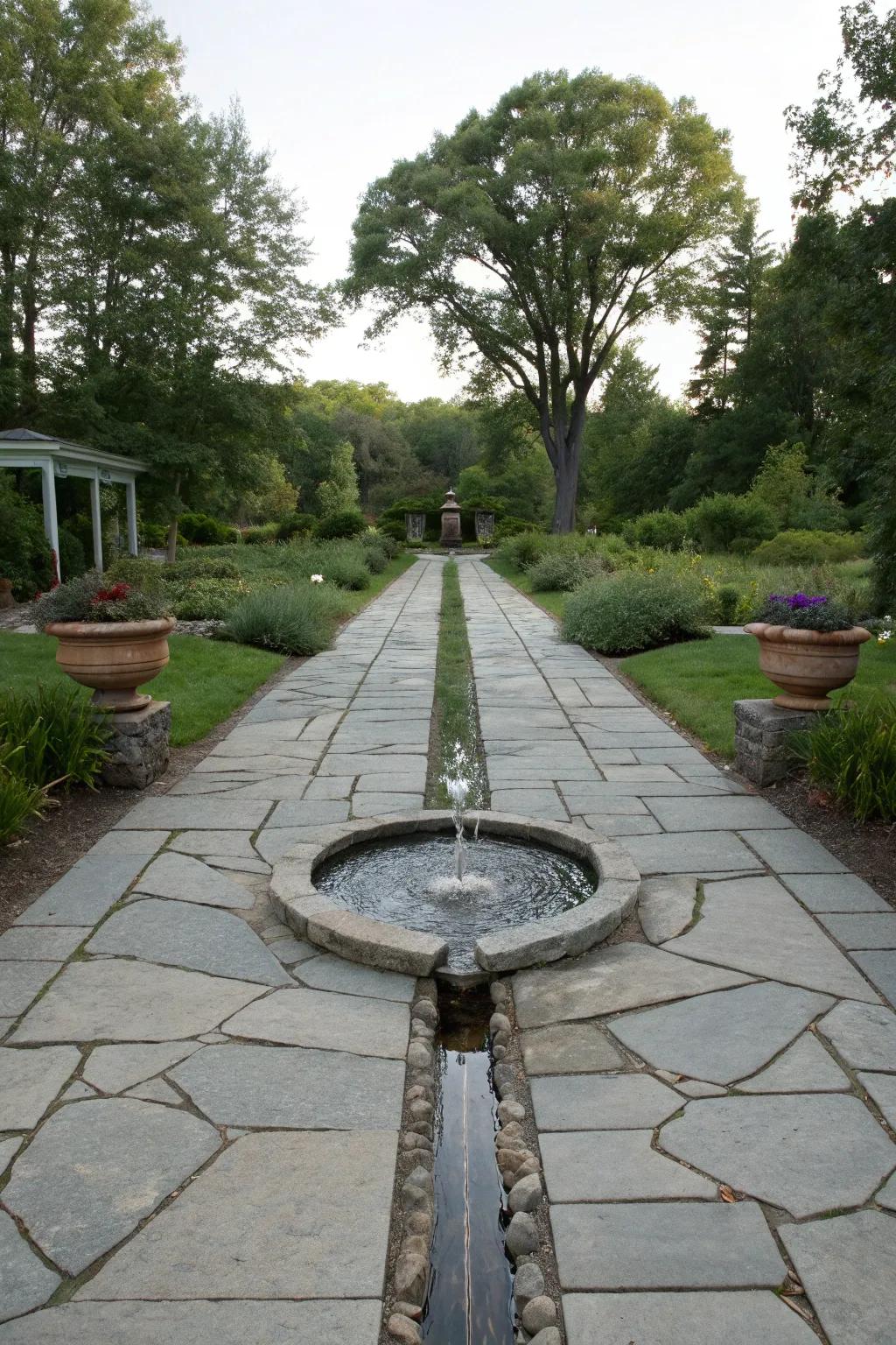A water feature adds tranquility and elegance to the driveway.