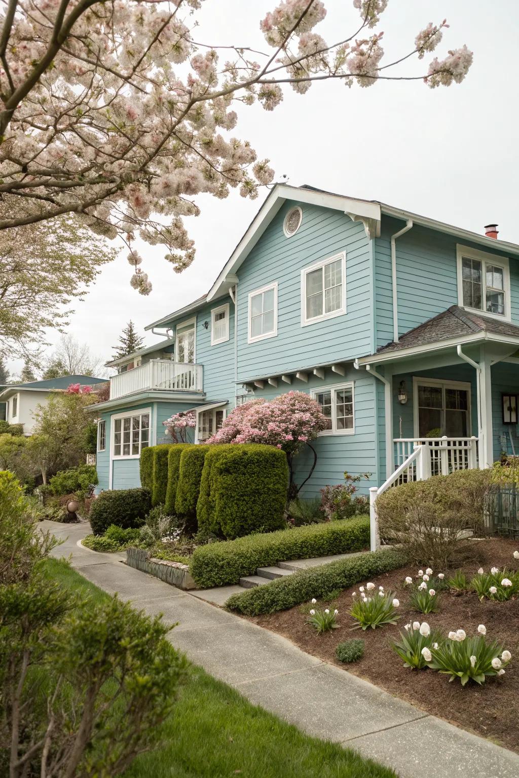 Pastel blue creates a serene atmosphere for this lovely split-level home.