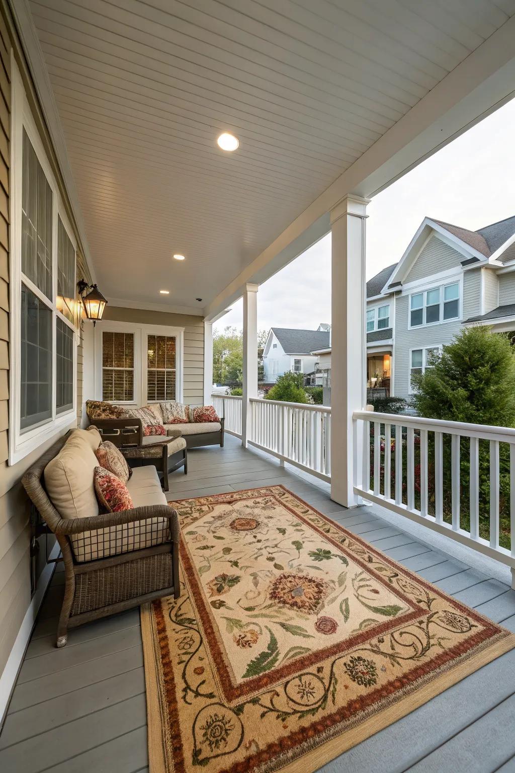 An outdoor rug adds texture and comfort to this porch setting.