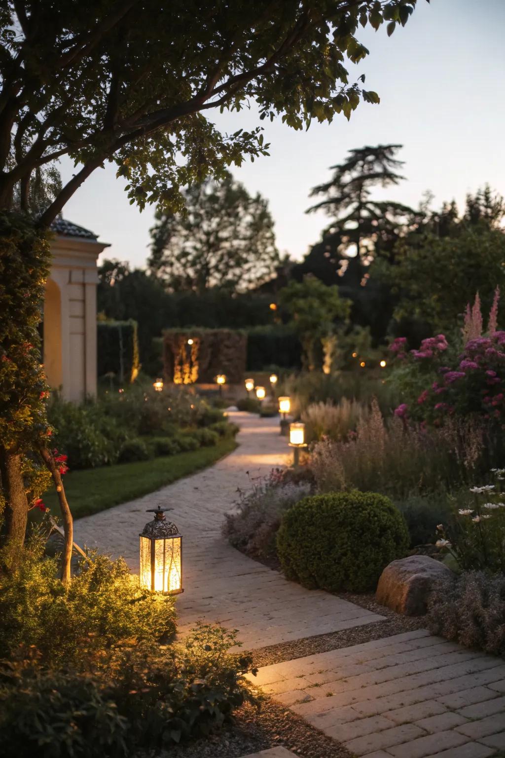 Subtle lighting transforms the garden into a magical evening retreat.