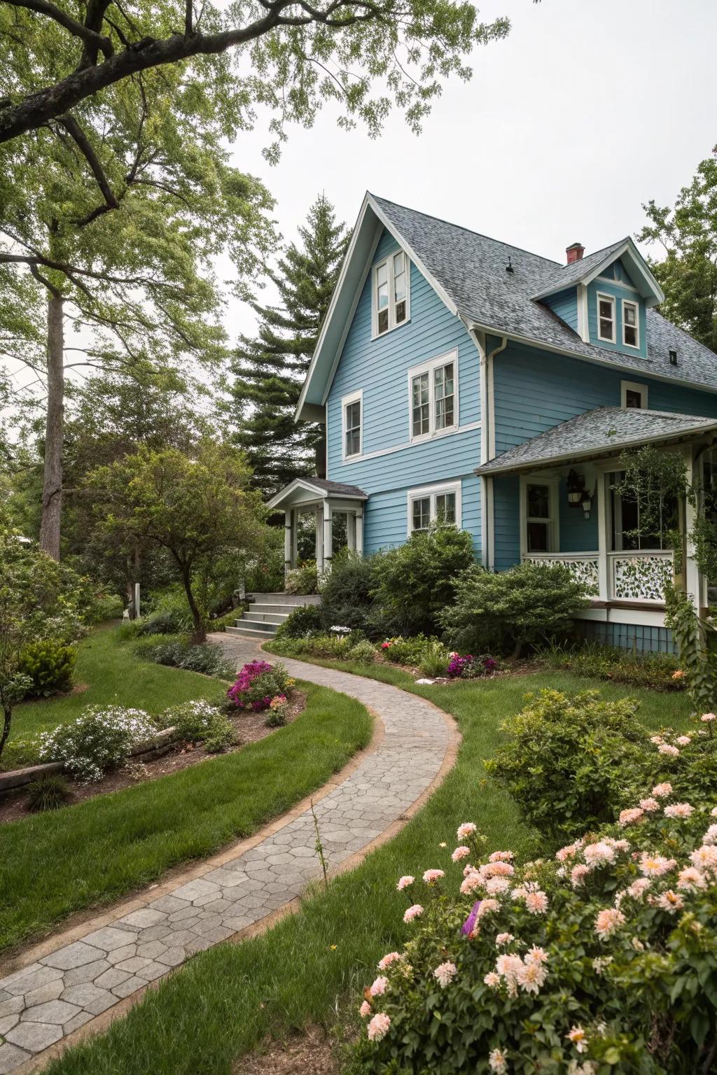 Cool blue hues offer a serene and sophisticated exterior look.
