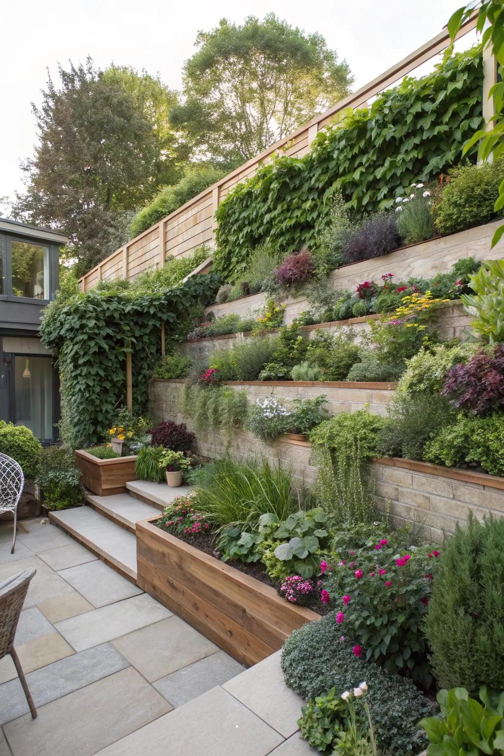 A lush vertical garden adding greenery to a split-level yard.