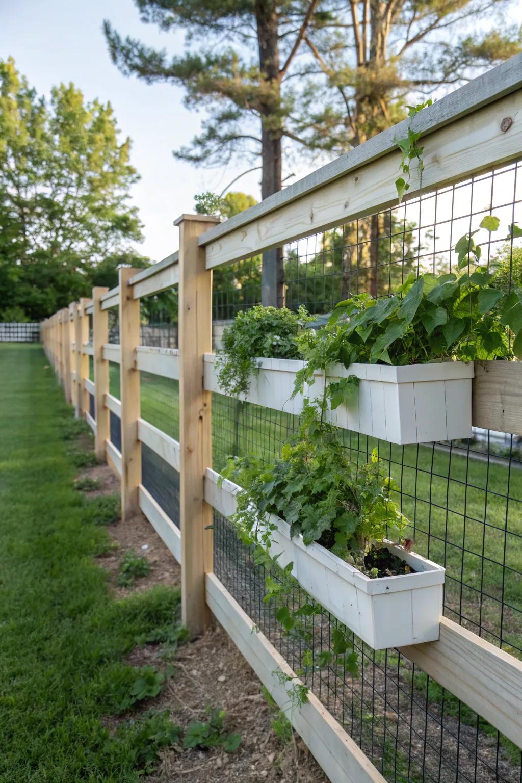 Built-in planters add function and greenery to this fence.