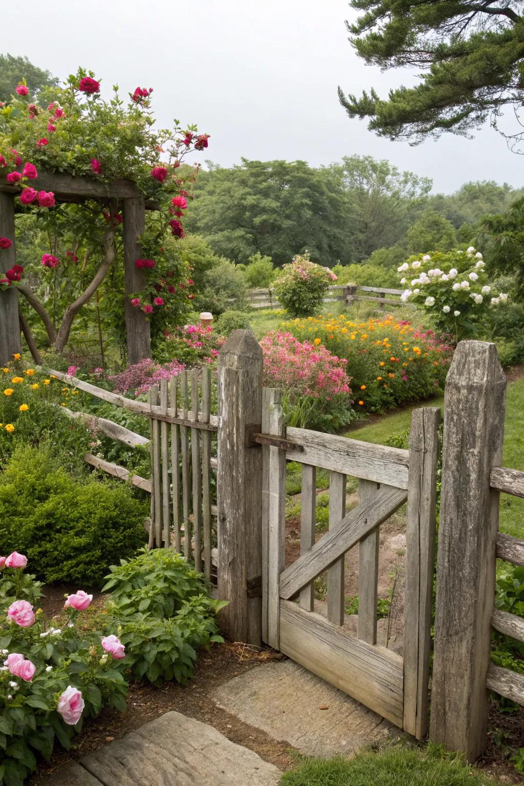 A split rail fence with a rustic gate forms a charming entryway to this garden retreat.