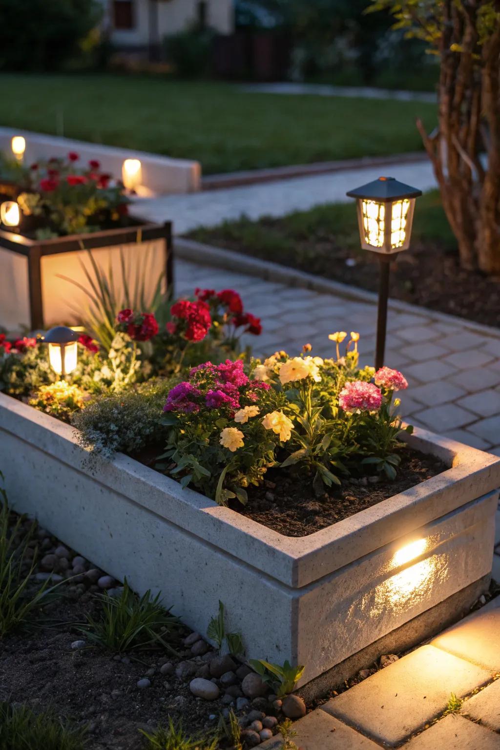 A square flower bed beautifully lit by solar lights, creating a magical evening ambience.