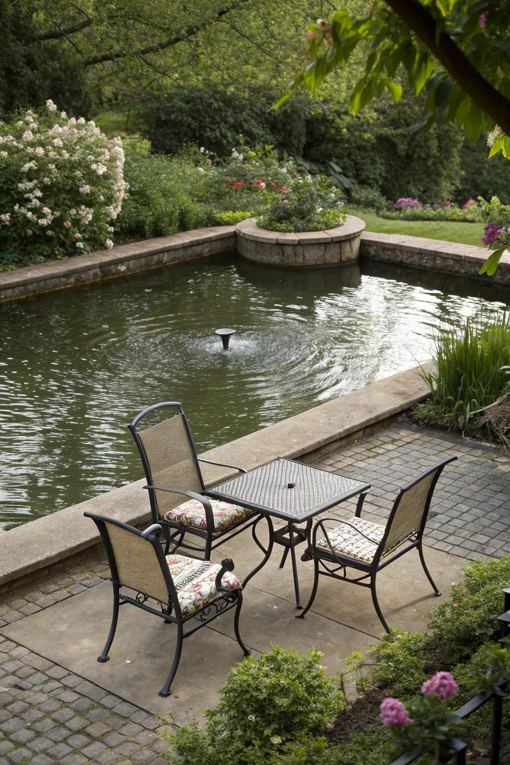 A cozy seating area beside a square pond, perfect for relaxation.