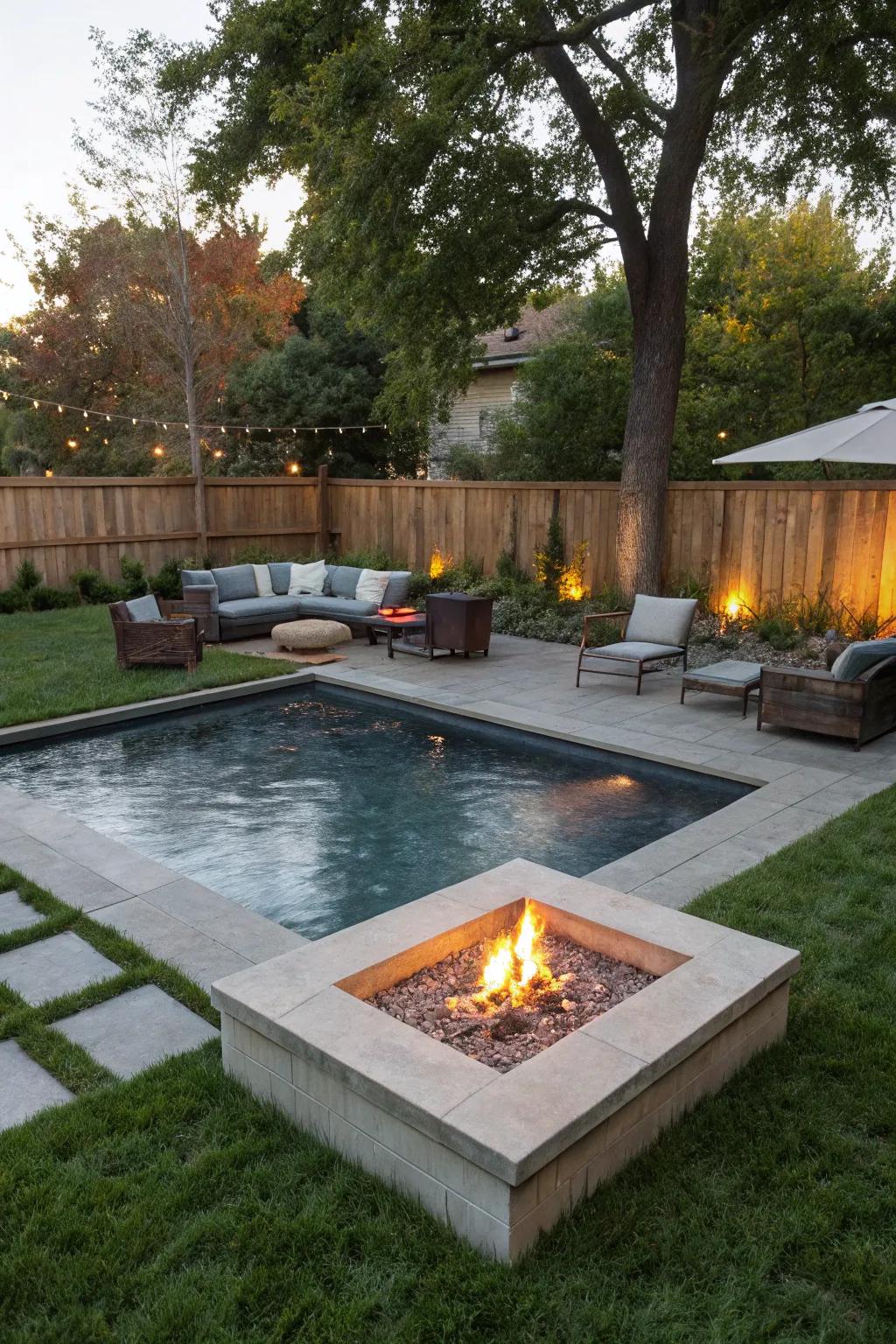 A fire pit near a square pool creates a cozy gathering spot.
