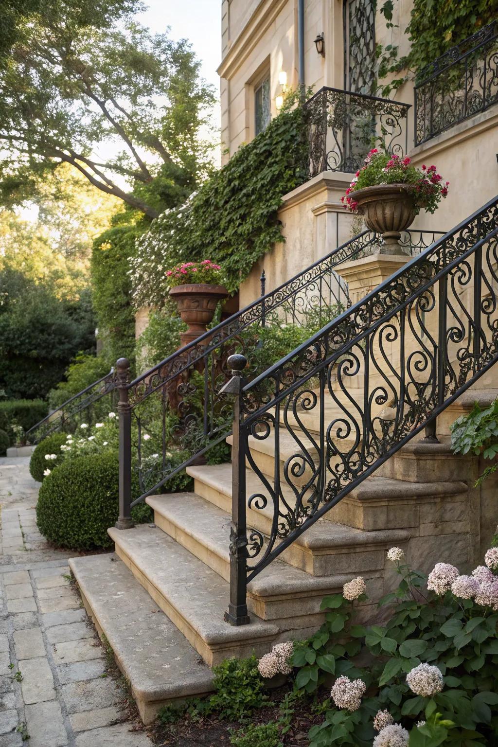 Wrought iron railings provide timeless elegance to outdoor stairs.