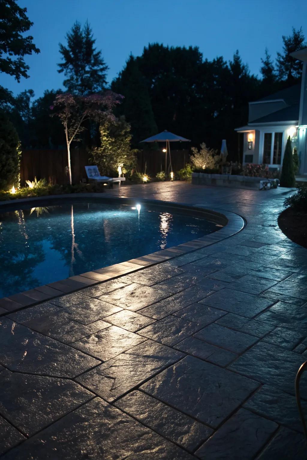 Enchanting nighttime ambiance with reflective stamped concrete.