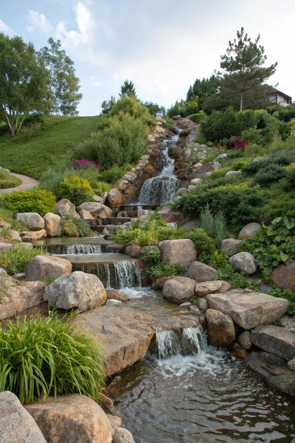 A tranquil water feature enhancing the beauty of a steep slope.