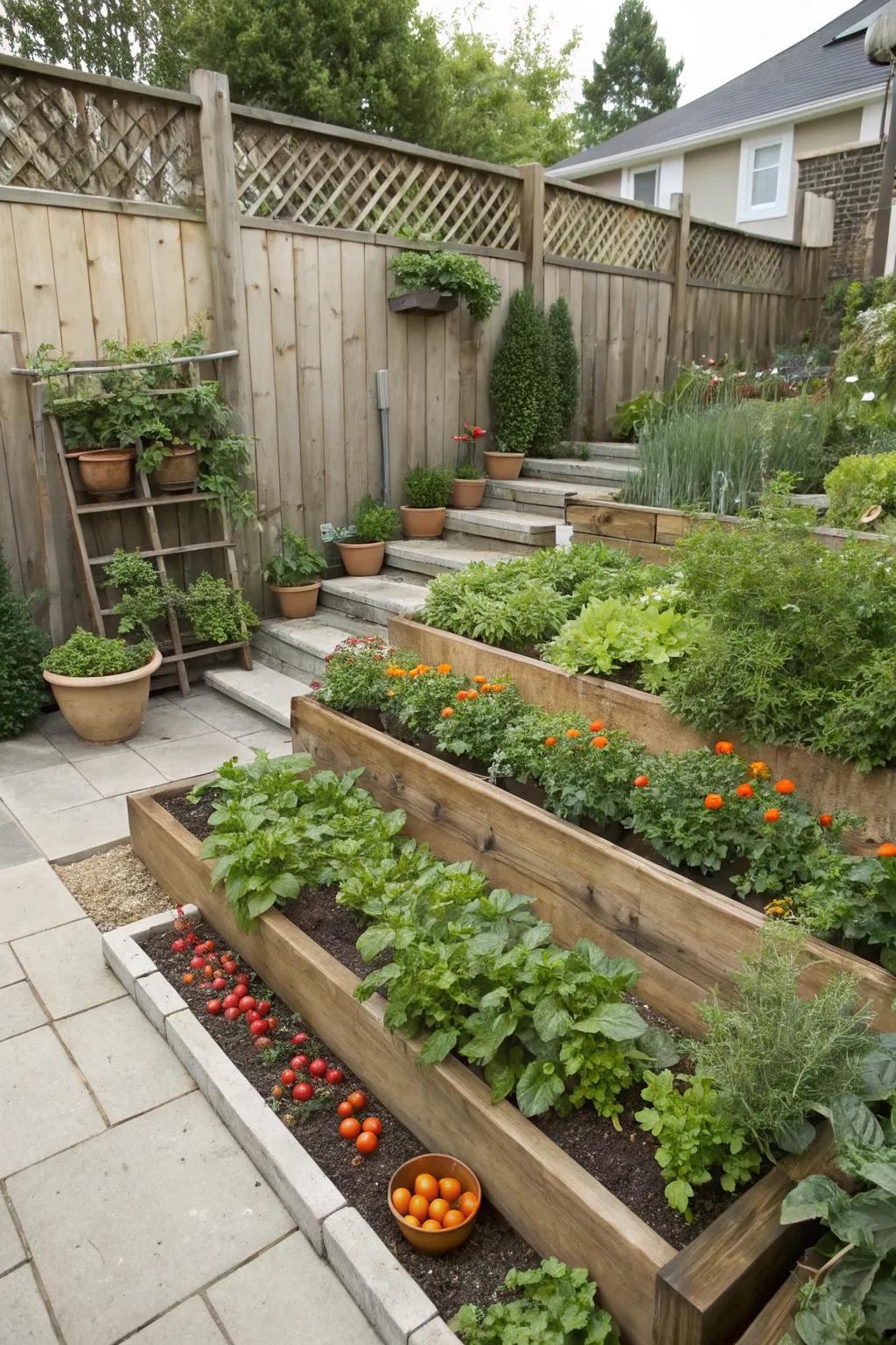 An edible garden terrace offers fresh ingredients and charm.