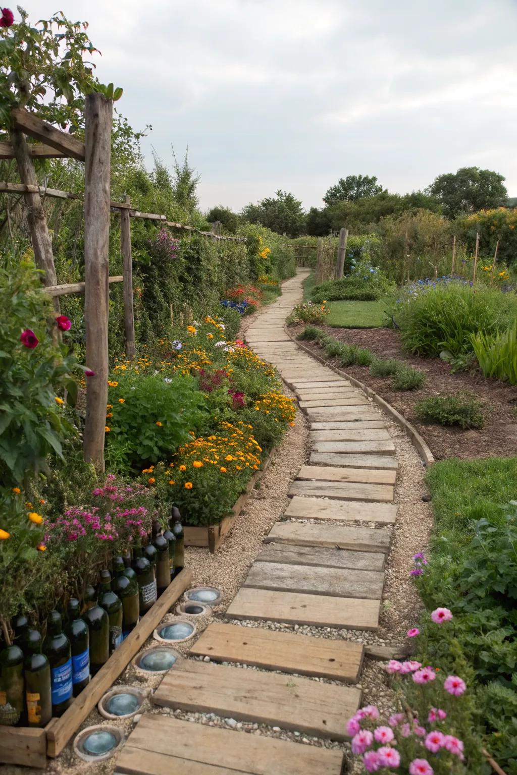 An eco-friendly garden path using recycled materials.