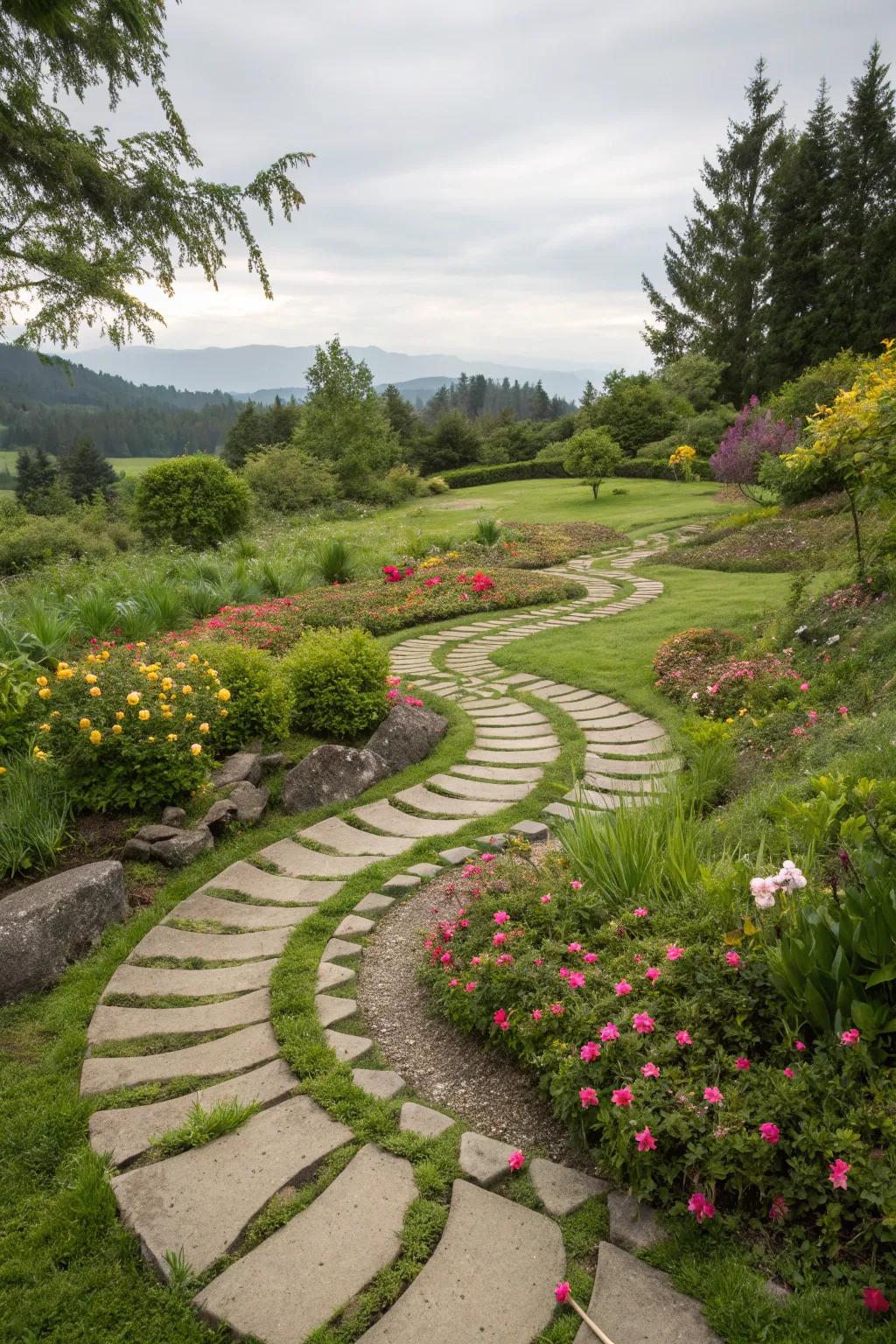 Artistic stepping stone arrangement, adding flair and personality to the garden