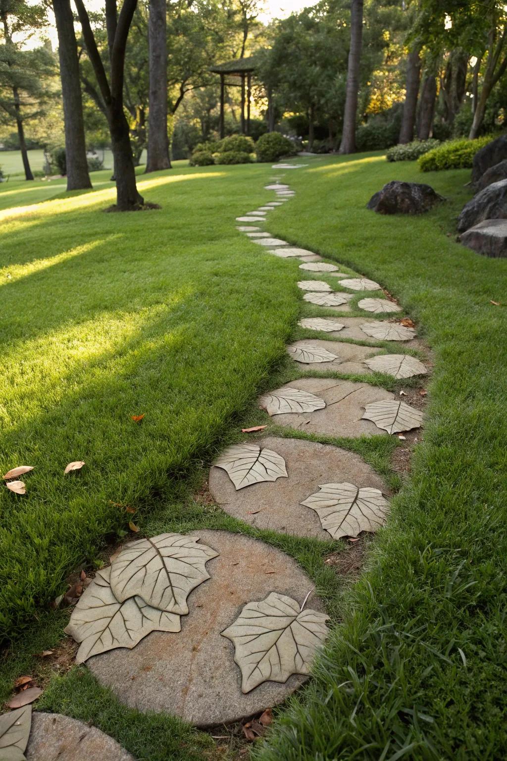Leaf-shaped stones blending into the natural garden environment.