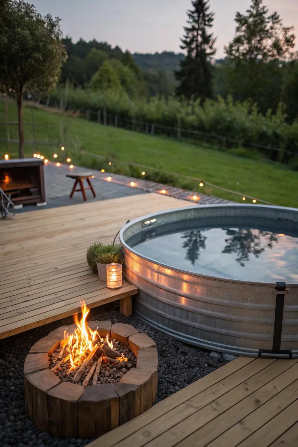 A fireplace adds warmth and extends pool enjoyment.