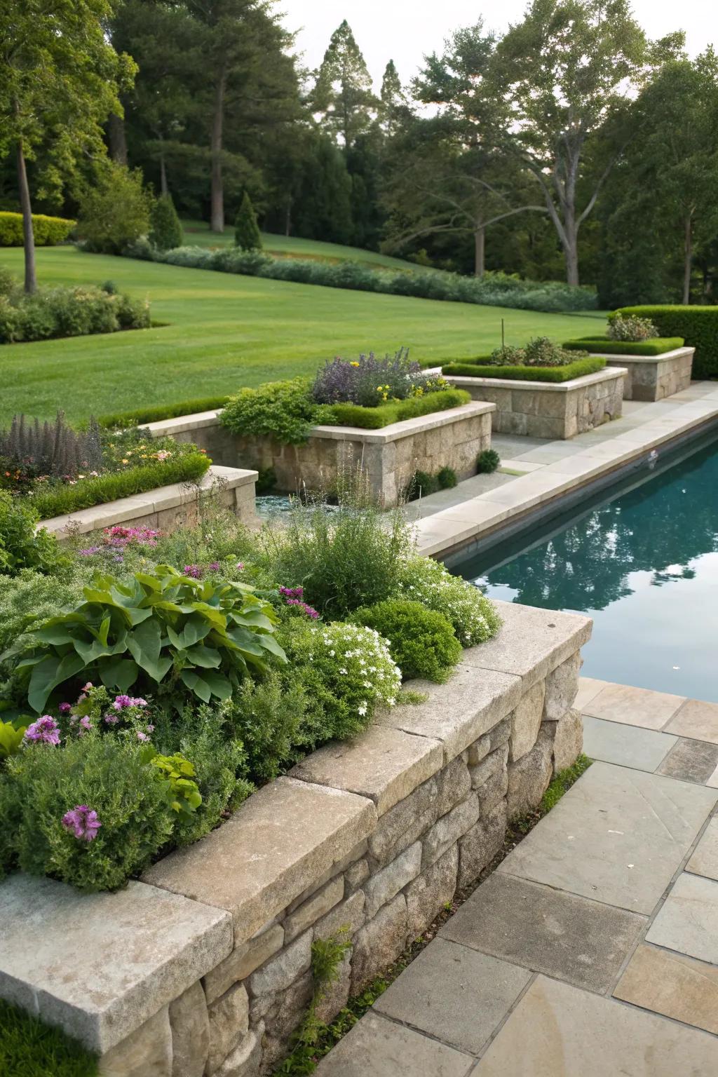 Stone garden beds enhance the natural beauty around your pool.