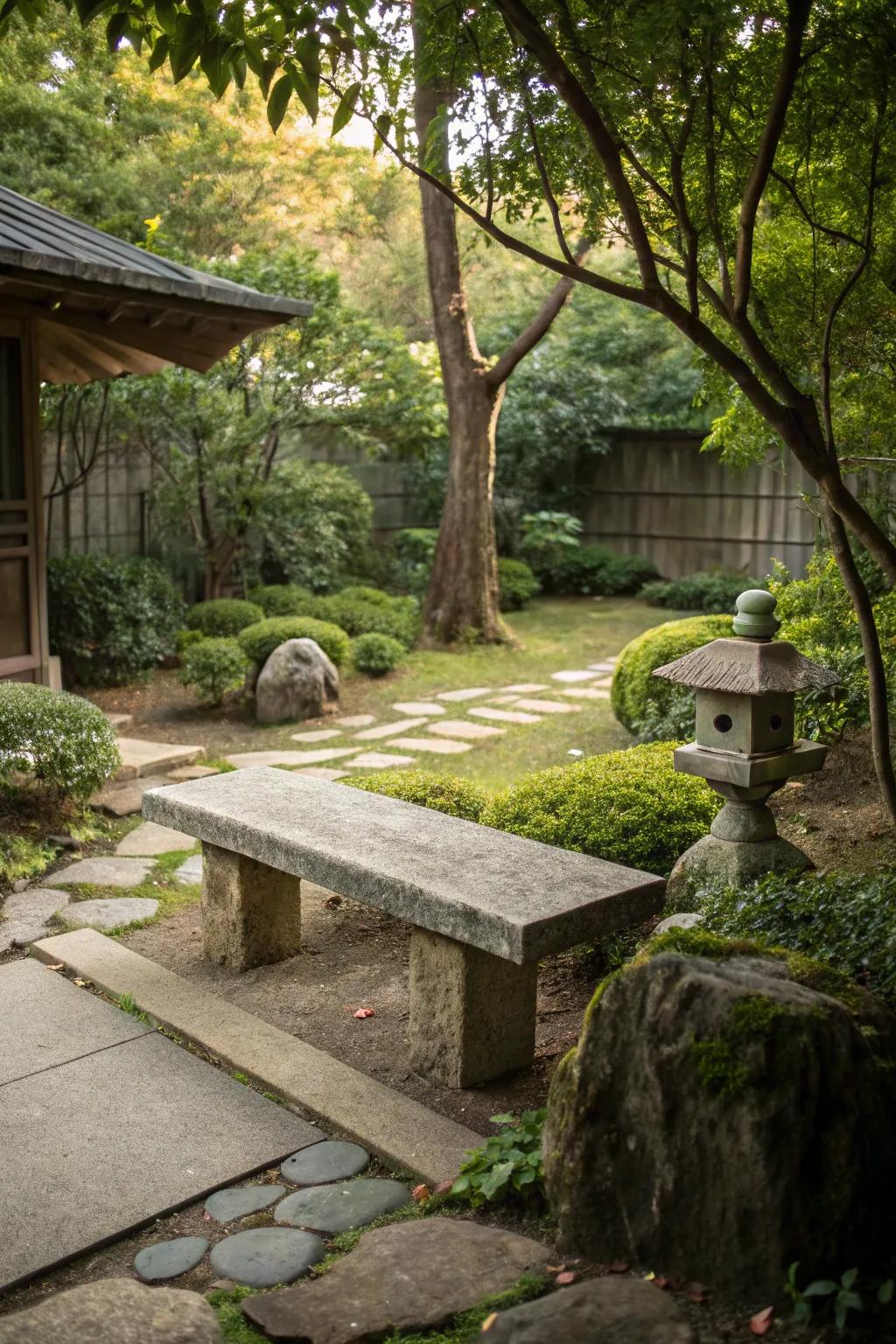 A stone bench offers a serene spot for meditation and reflection.