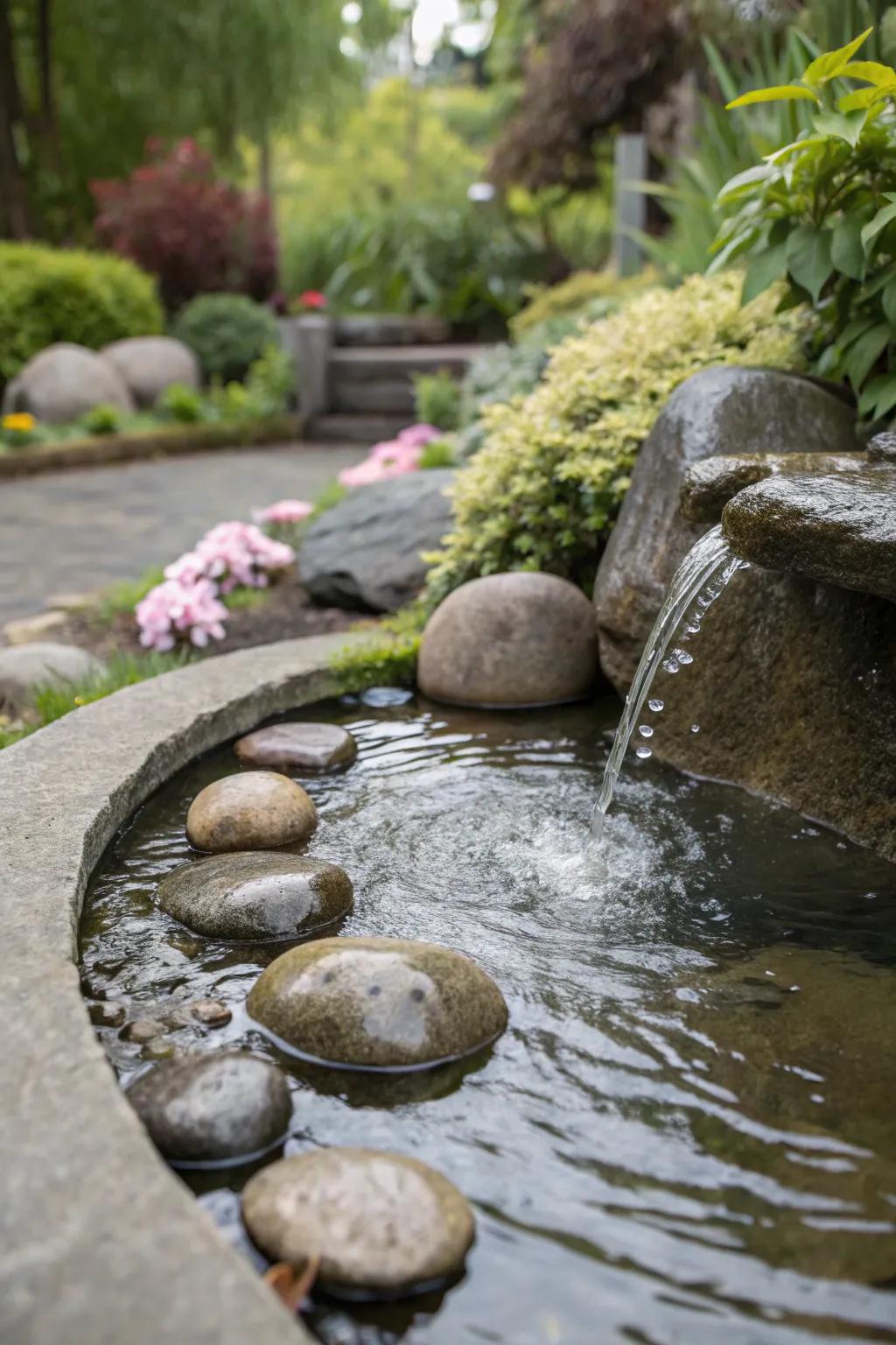Stone water features create a soothing and natural garden ambiance.