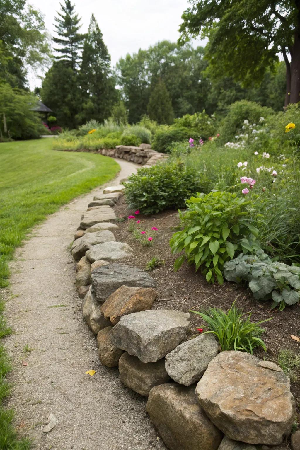 Rugged beauty with stacked rock borders.