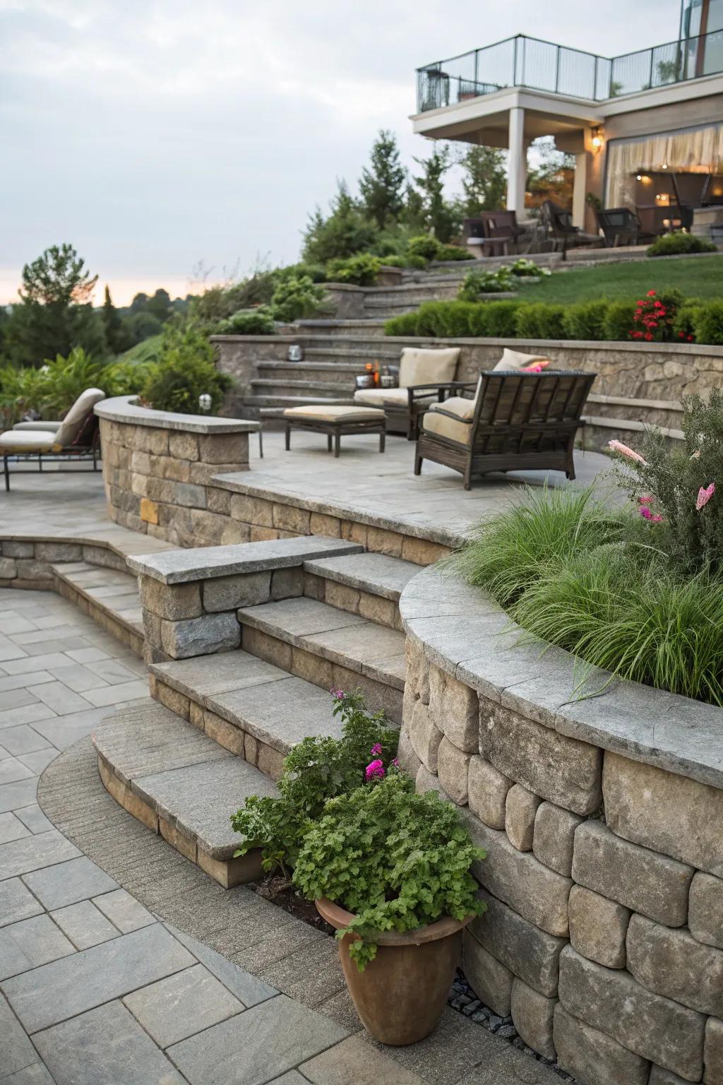 Multi-level stone patio adding depth and interest.