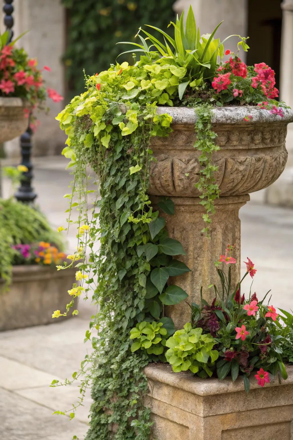 A stone planter featuring a vertical garden, adding height and greenery.