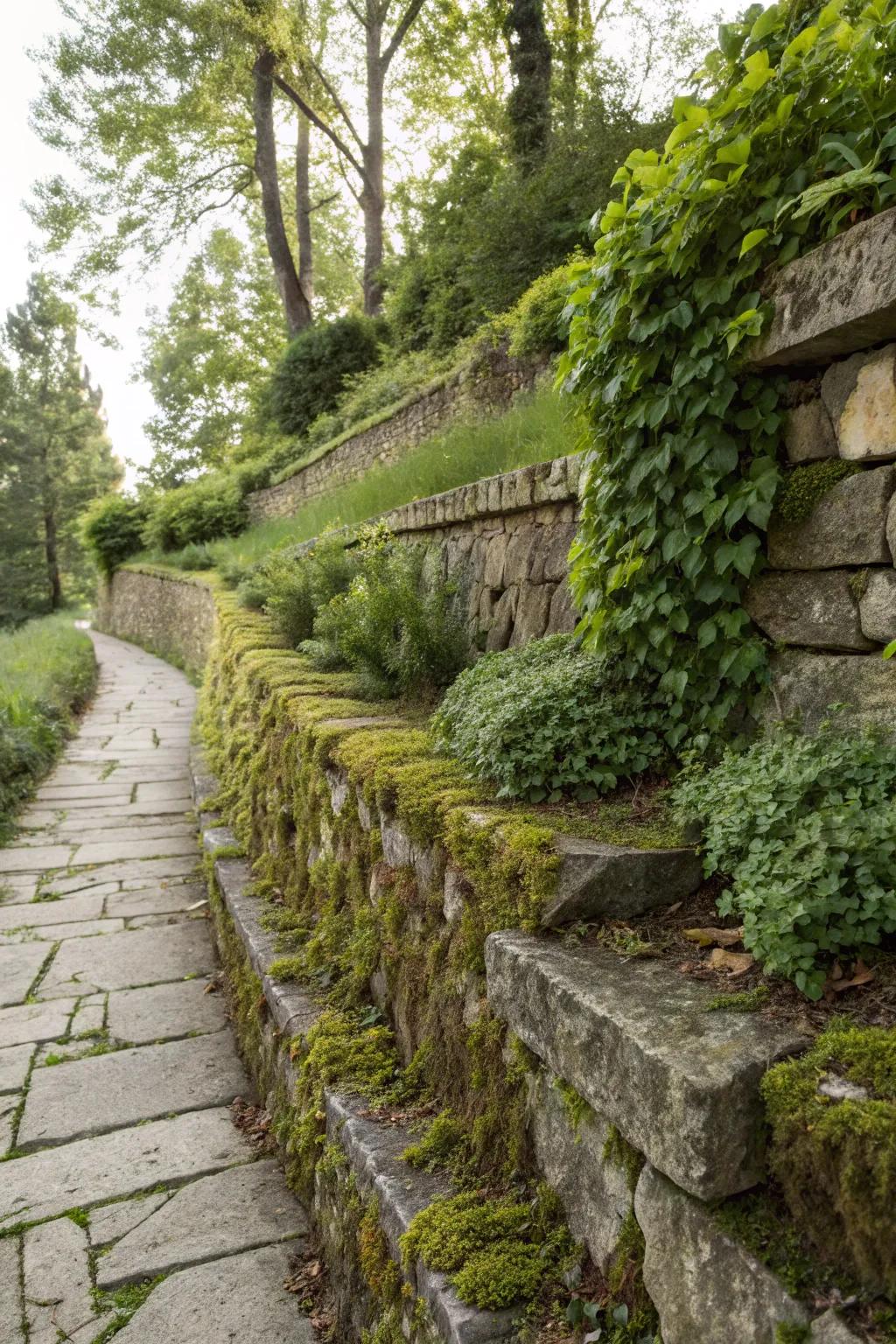 Lush greenery cascading over a stone retaining wall for a natural effect.