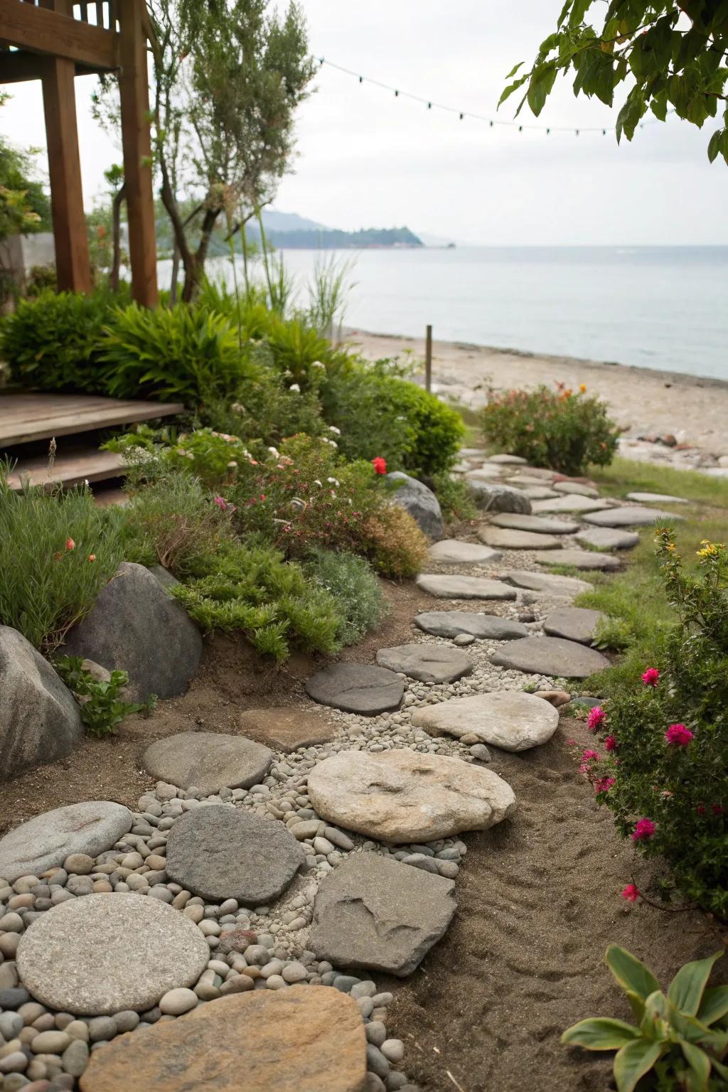 Flat stones evoke a coastal, rocky beach feel.