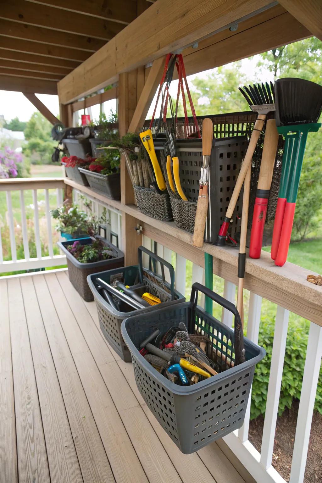 Hanging baskets under the deck add charm and keep tools organized.