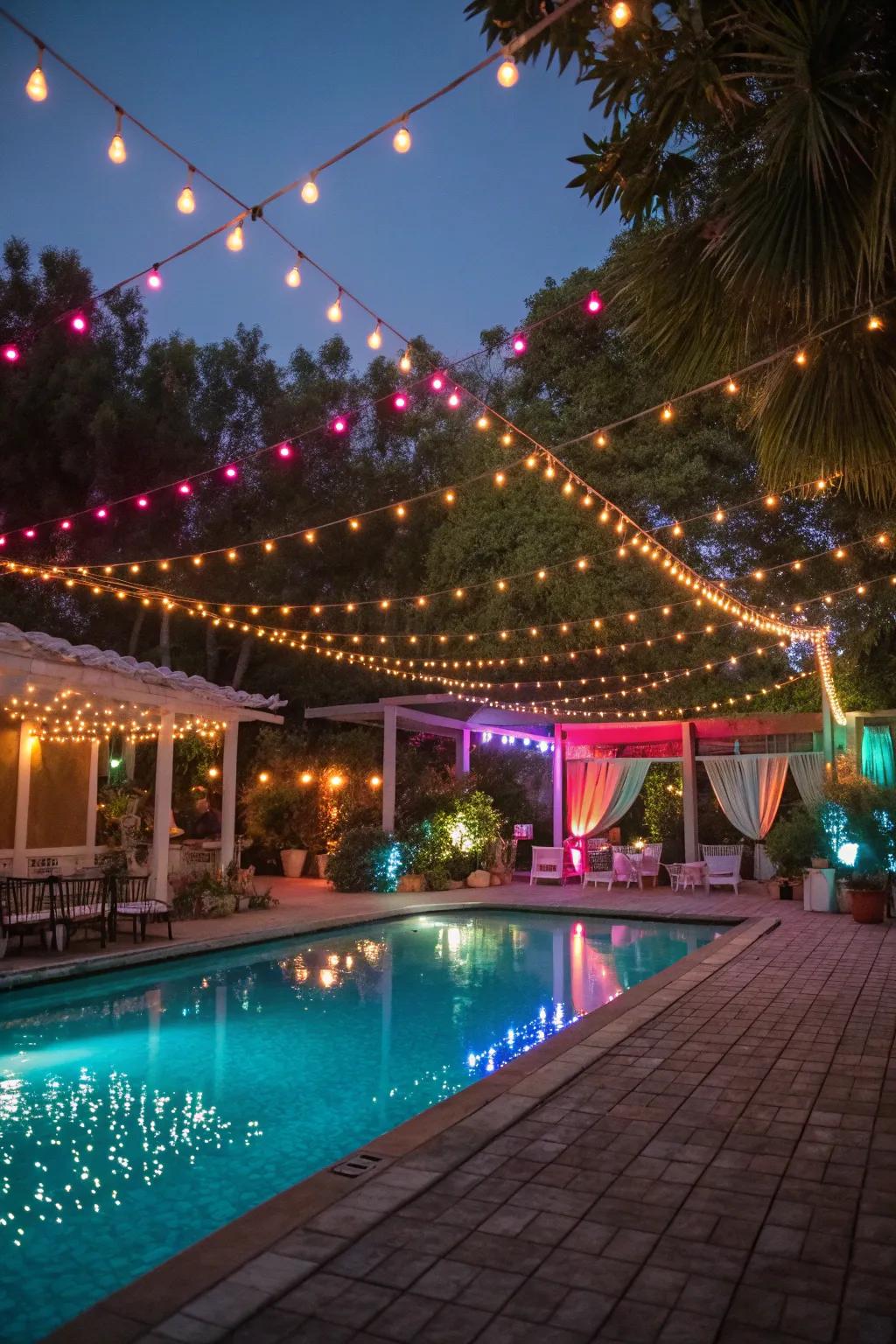 Colorful lights bring joy and festivity to the poolside.