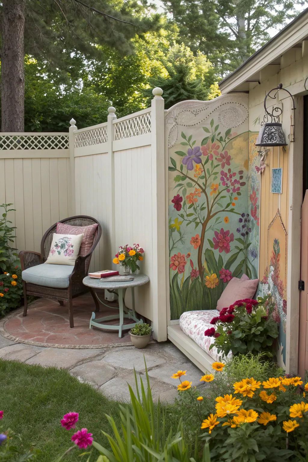 A stucco fence transformed into a vibrant art piece.