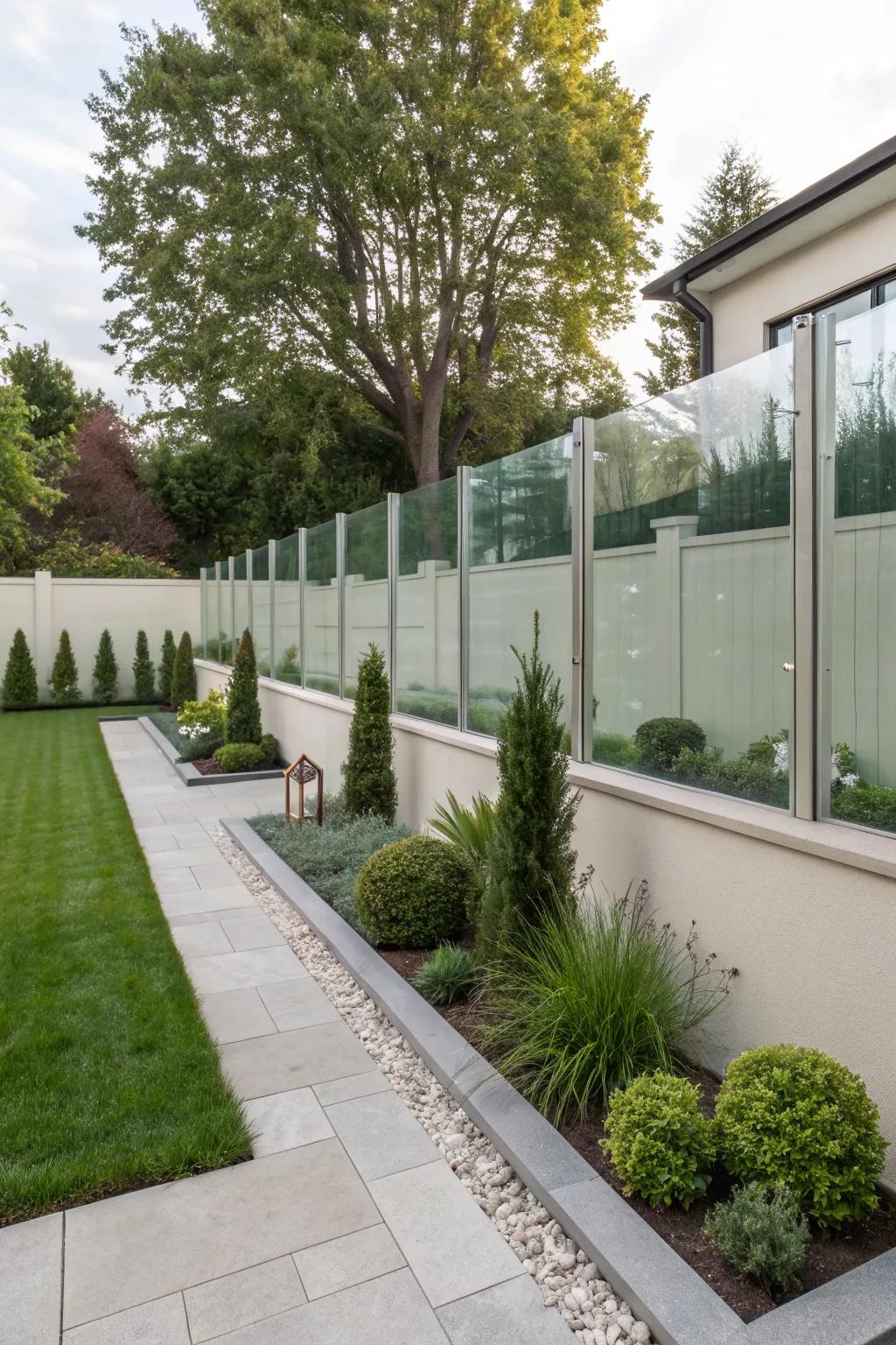 A stucco wall featuring sleek glass insets for a modern look.