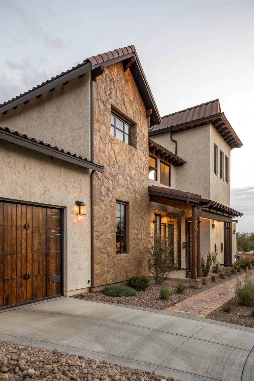 Stucco house with industrial steel elements.