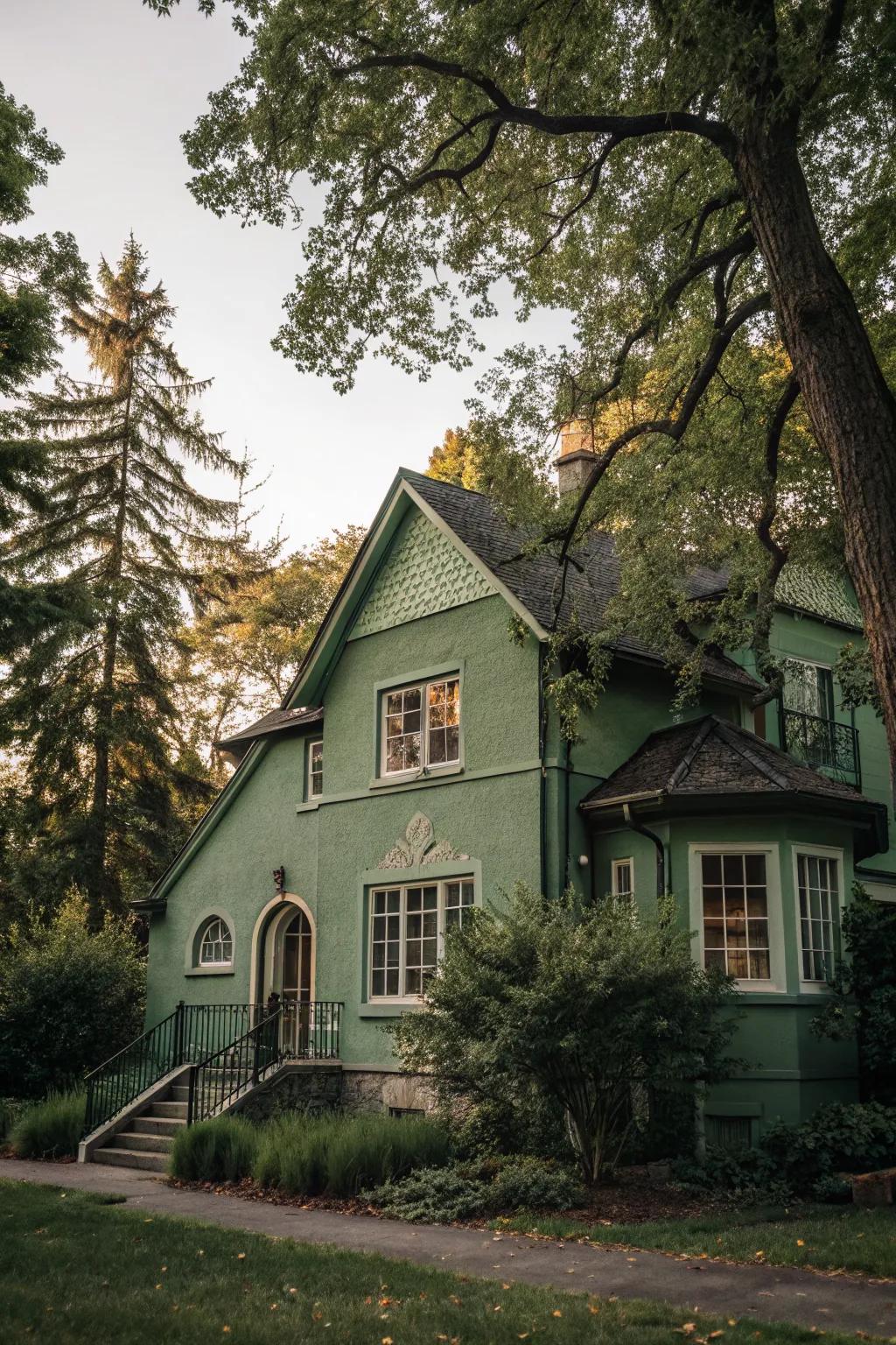 Sage green stucco blends beautifully with natural landscapes.
