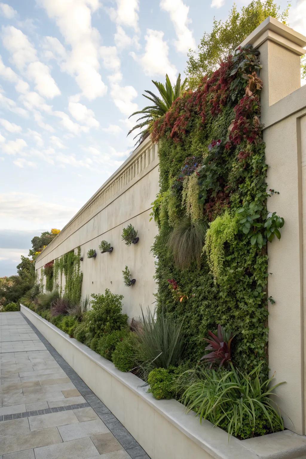 Vertical gardens on stucco walls add lushness to compact spaces.