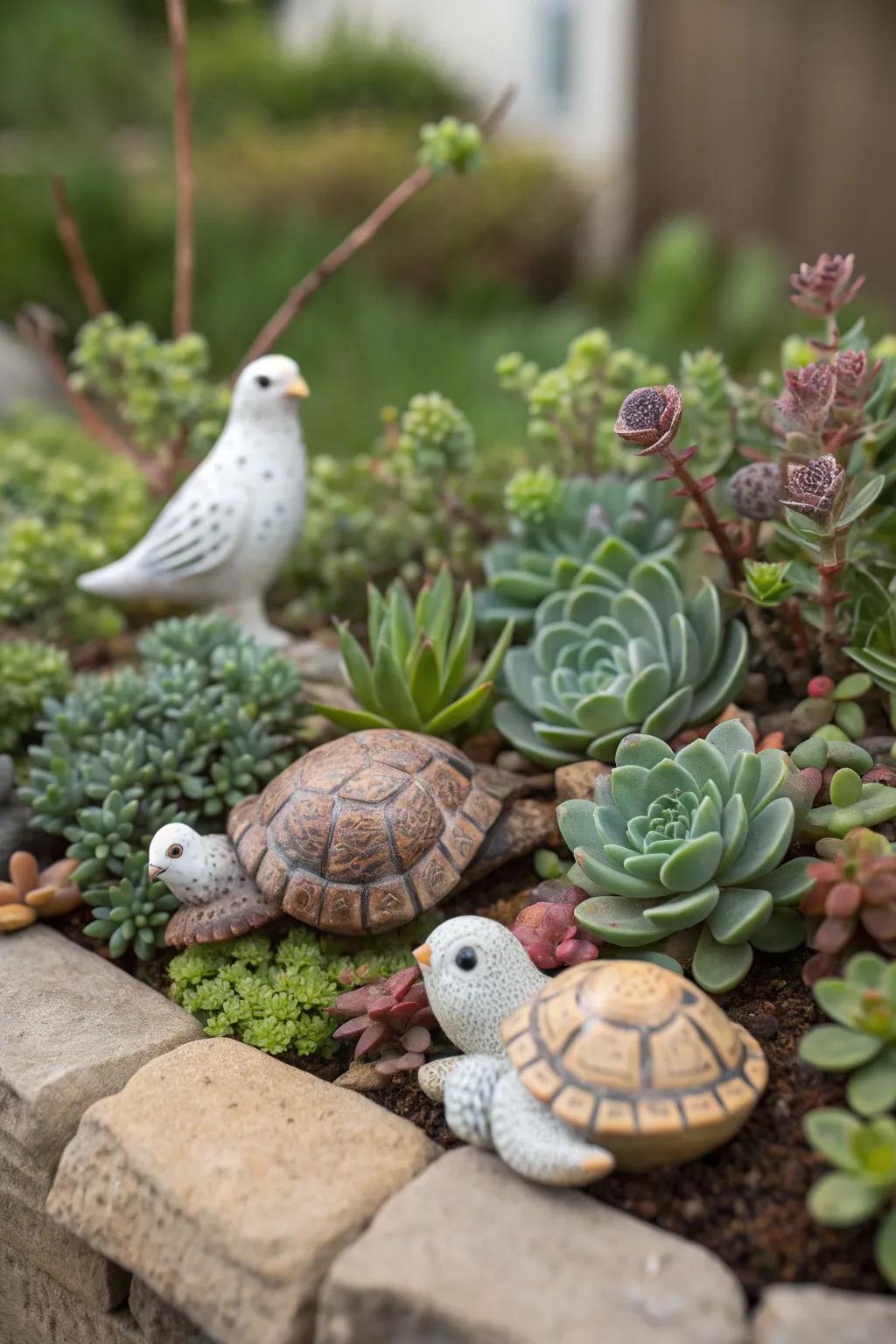 Animal figurines bring life and charm to your succulent garden.