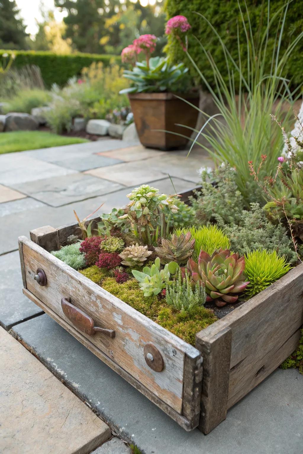 Repurposed drawers create rustic succulent planters