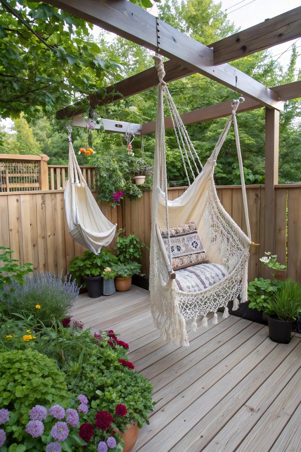 Hammock chairs add a playful touch to your deck.