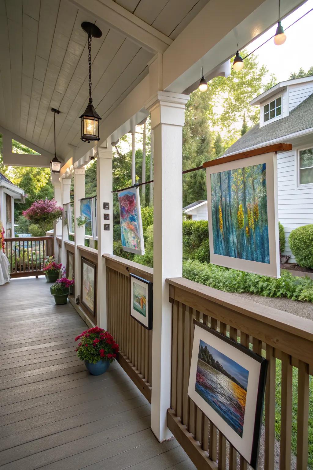 An outdoor art display adds culture and style to the porch.