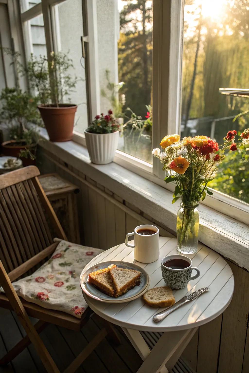 A breakfast nook with a view on the sun porch.