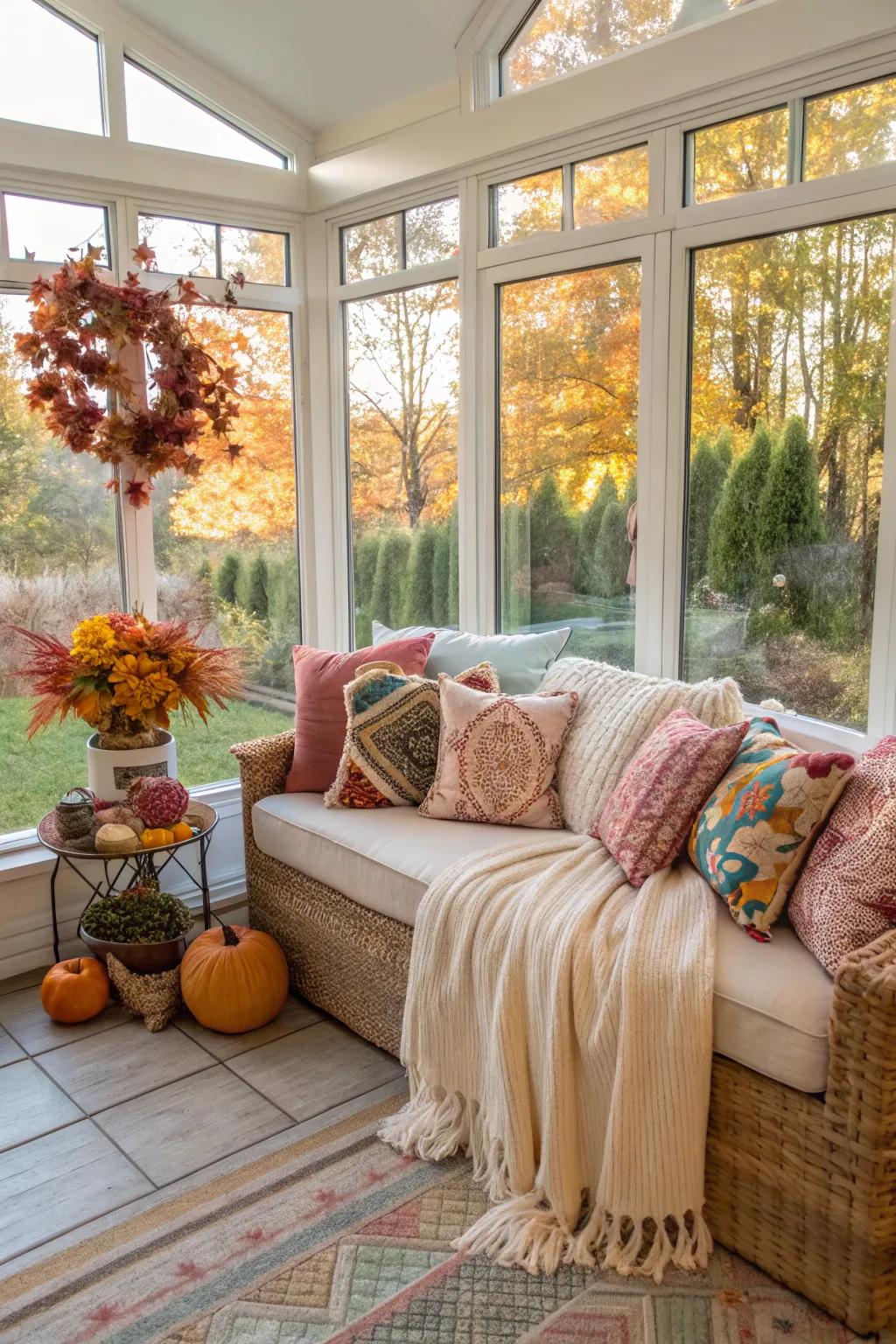 Seasonal decor adds a dynamic and inviting feel to the sunroom.