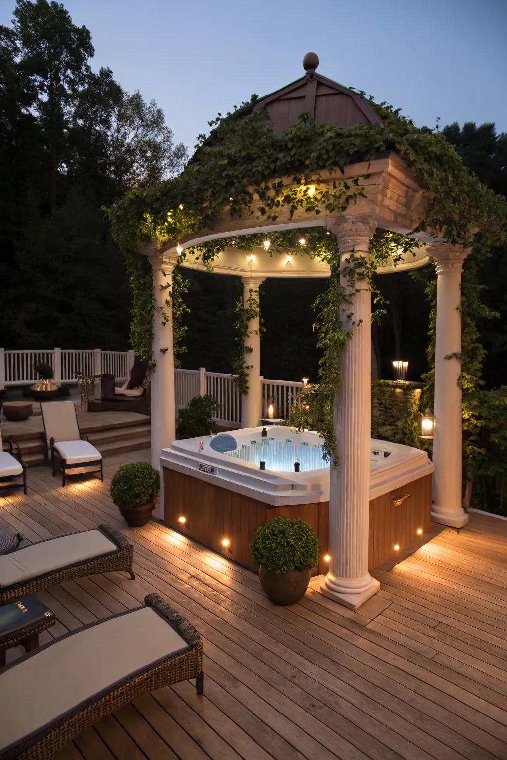 A sunken hot tub deck elegantly sheltered by a stylish gazebo.