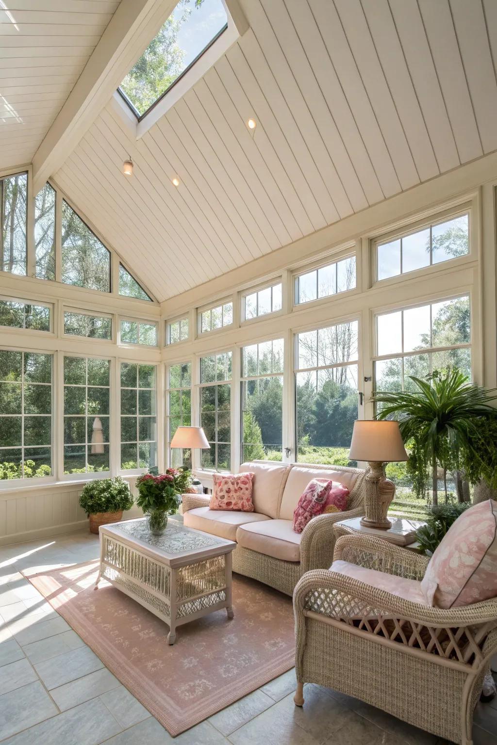 Light colors enhance the sunroom's natural brightness.