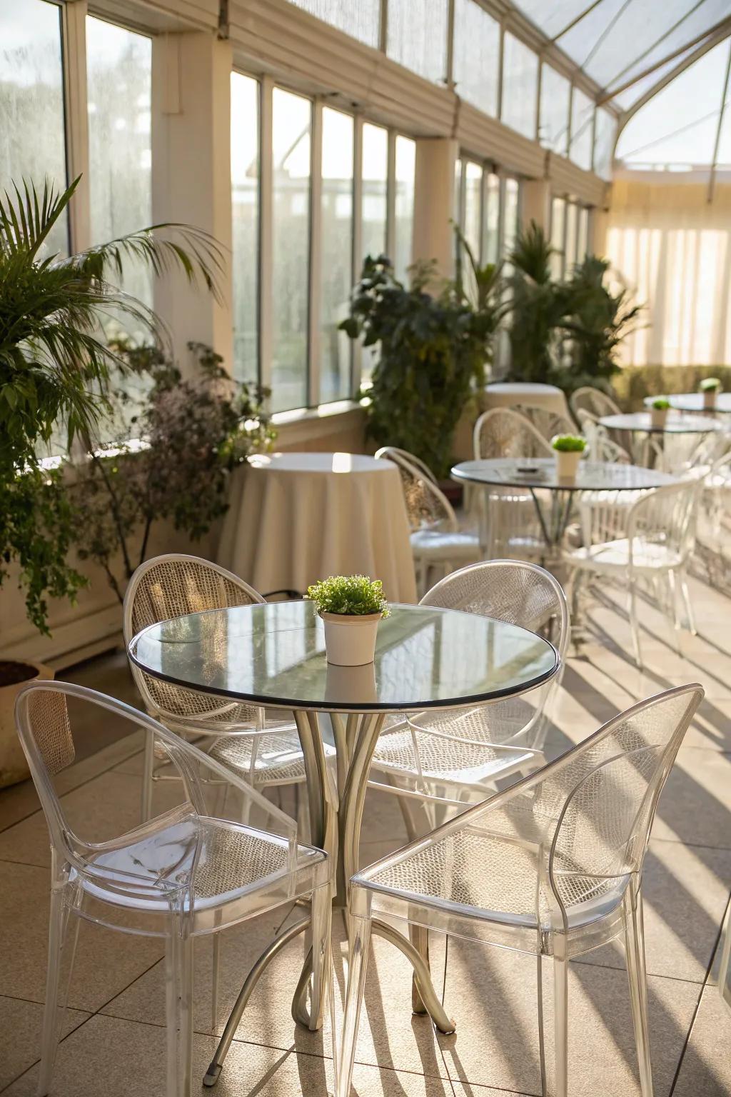 Transparent chairs enhance the airy feel of this modern sunroom.