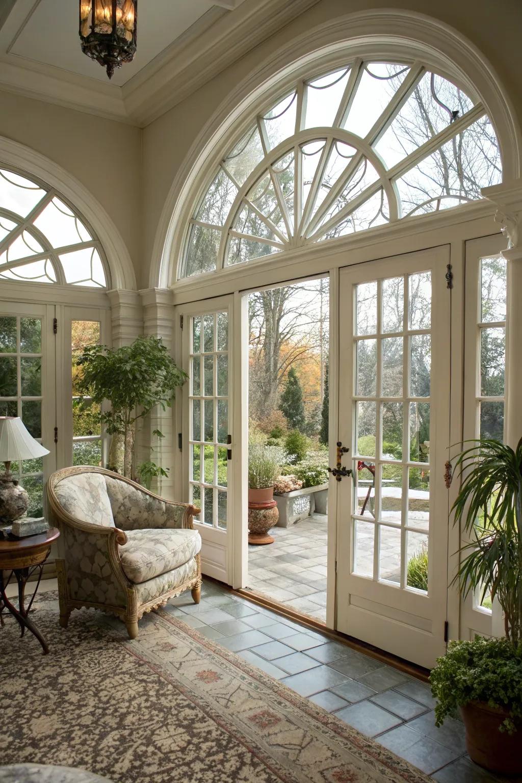 Sophisticated arched doors offering timeless elegance to the sunroom.