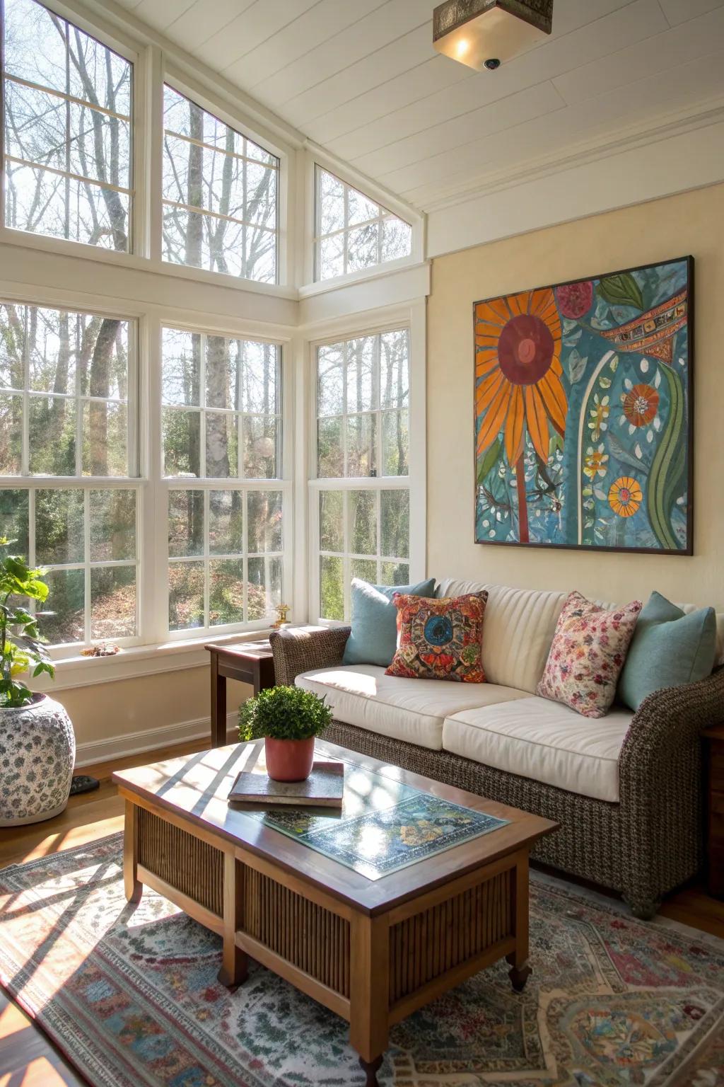 A statement piece gives the sunroom a striking focal point.