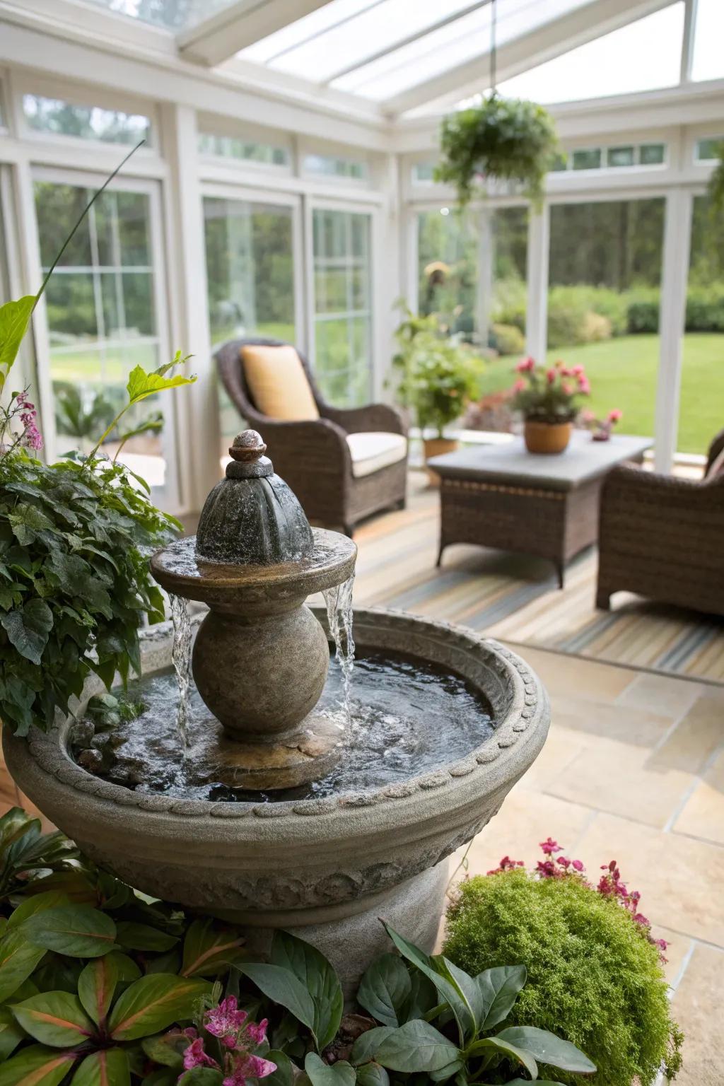 A water feature can add tranquility to your sunroom.