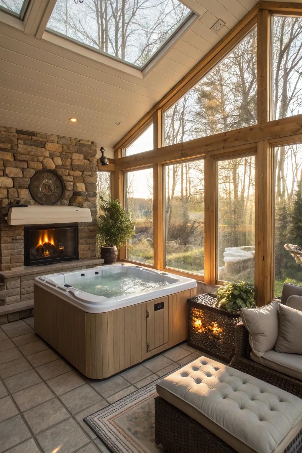 A cozy fireplace adds warmth and ambiance to the sunroom.
